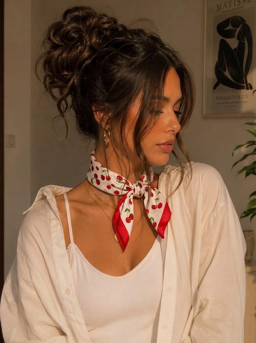 Kiraz Desenli Kırmızı Beyaz Kadın Fular